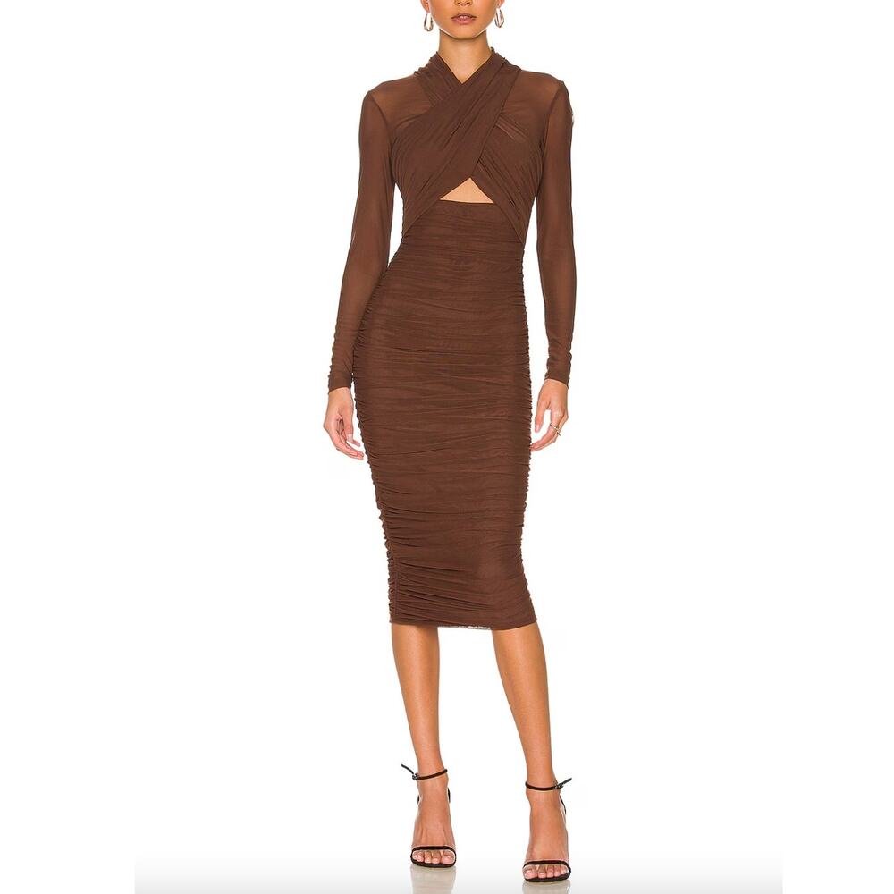 NWT Bardot Aliyah Dark Brown Mesh Cutout Body Con Midi Dress • Size 4